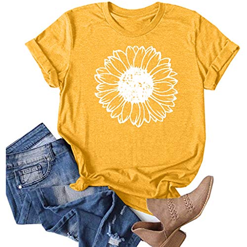 Women Summer Tops 2024 Trendy Causal Cute Flower Printed Tee Tops Loose Fit Crew Neck Short Sleeve Graphic Tshirts