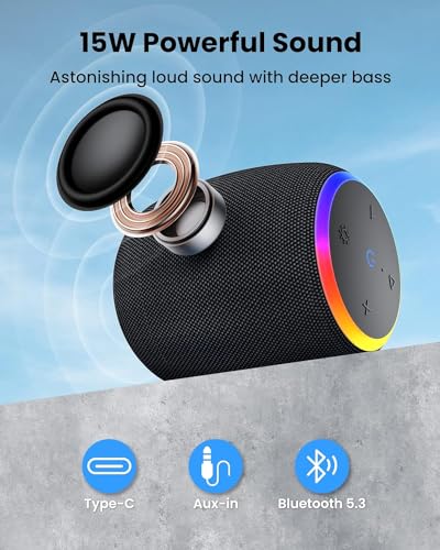 Bluetooth Speakers,Portable Wireless Speaker with 15W Stereo Sound, IPX6 Waterproof Speaker with LED Light, Bluetooth TWS, Portable Speaker for Shower Outdoor Party Beach Camping