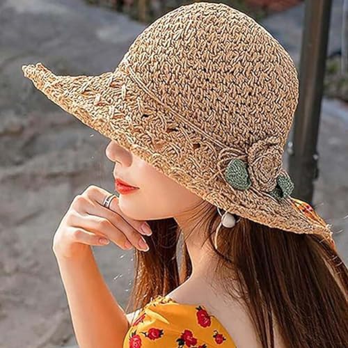 Elegant Crochet Straw Hat with Ruffle Detail, 2024 Summer New Womens Vintage Ruffle Bowknot Straw Hat, Uv Protection