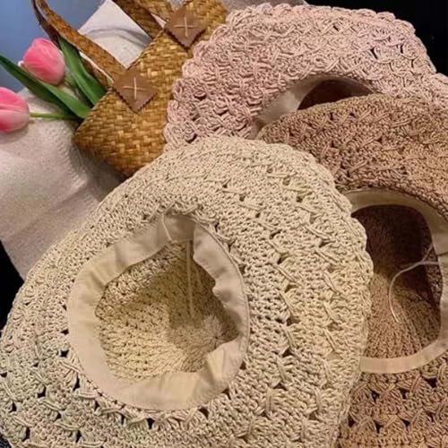 Elegant Crochet Straw Hat with Ruffle Detail, 2024 Summer New Womens Vintage Ruffle Bowknot Straw Hat, Uv Protection