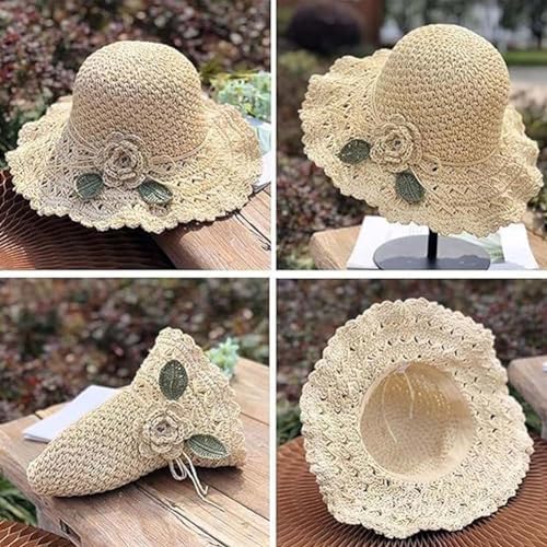 Elegant Crochet Straw Hat with Ruffle Detail, 2024 Summer New Womens Vintage Ruffle Bowknot Straw Hat, Uv Protection