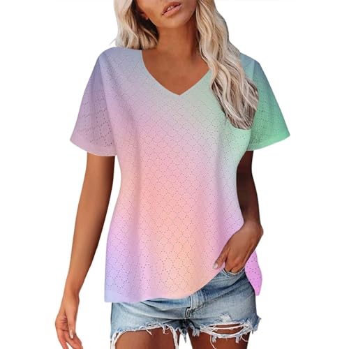 Women's Short Sleeve T Shirts Hollow Out Eyelet Gradient Basic V Neck Loose Fit Summer Blouse 2024 Dressy Casual Tunic Tops