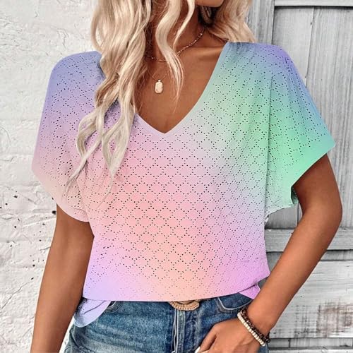 Women's Short Sleeve T Shirts Hollow Out Eyelet Gradient Basic V Neck Loose Fit Summer Blouse 2024 Dressy Casual Tunic Tops