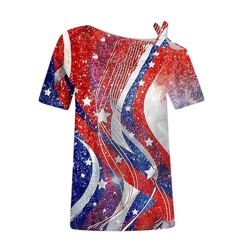 4th of July Shirts Women Off The Shoulder Tops Short Sleeve American Flag Shirts Graphic Tees Patriotic Trendy Tshirts