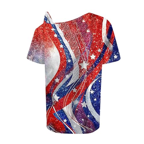 4th of July Shirts Women Off The Shoulder Tops Short Sleeve American Flag Shirts Graphic Tees Patriotic Trendy Tshirts