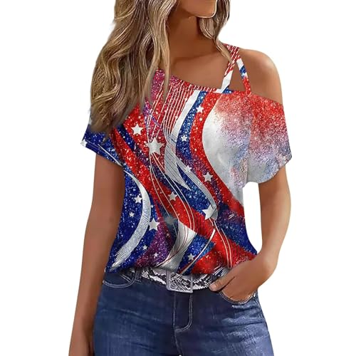 4th of July Shirts Women Off The Shoulder Tops Short Sleeve American Flag Shirts Graphic Tees Patriotic Trendy Tshirts