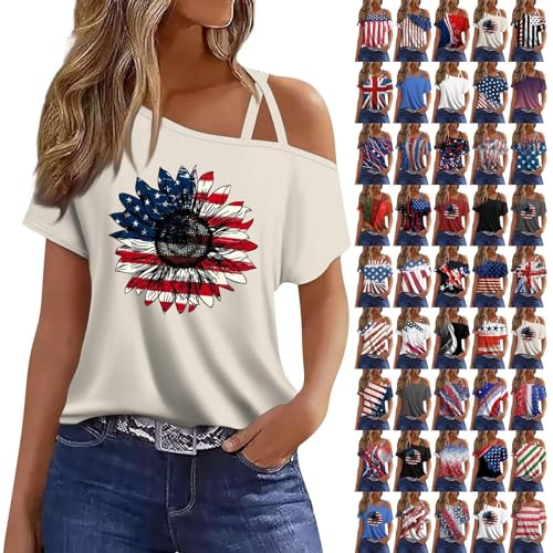 4th of July Shirts Women Off The Shoulder Tops Short Sleeve American Flag Shirts Graphic Tees Patriotic Trendy Tshirts