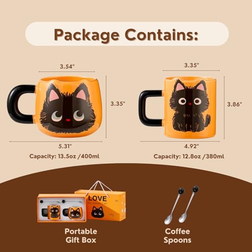 FunFink Cute Black Cat Couple Coffee Mugs Gift Set - Ceramic Matching Mugs with Spoons, Set of 2 (12.8 oz & 13.5 oz), Perfect Valentine's Day, Anniversary, Christmas Present for Cat Lovers & Couples