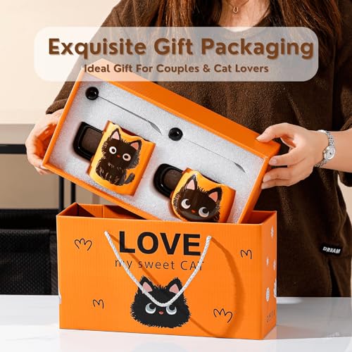 FunFink Cute Black Cat Couple Coffee Mugs Gift Set - Ceramic Matching Mugs with Spoons, Set of 2 (12.8 oz & 13.5 oz), Perfect Valentine's Day, Anniversary, Christmas Present for Cat Lovers & Couples