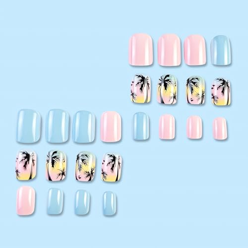 Short Press on Nails Square Fake Nails Summer Palm Tree Acrylic Nails Press ons Glossy Blue Pink Glue on Nails with Twilight Beach Designs Short False Nails Summer Artificial Nails for Women Girls