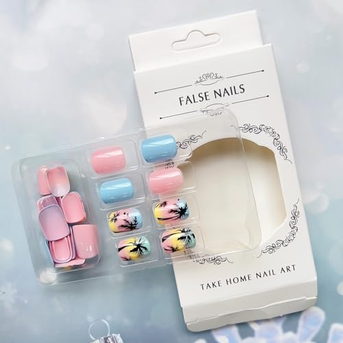 Short Press on Nails Square Fake Nails Summer Palm Tree Acrylic Nails Press ons Glossy Blue Pink Glue on Nails with Twilight Beach Designs Short False Nails Summer Artificial Nails for Women Girls