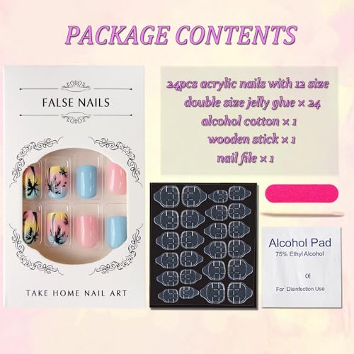 Short Press on Nails Square Fake Nails Summer Palm Tree Acrylic Nails Press ons Glossy Blue Pink Glue on Nails with Twilight Beach Designs Short False Nails Summer Artificial Nails for Women Girls