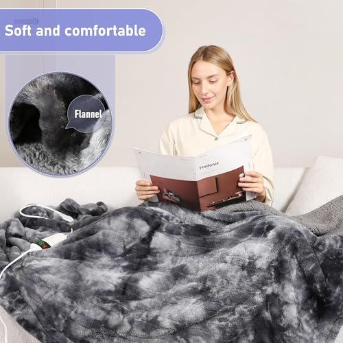 Electric Heated Throw Blanket, Soft Flannel Heating Blanket with 8 Hours Auto Off 10 Fast Heating Levels Machine Washable Sherpa Heated Blanket with Overheating Protection (Gray-Black, Throw)