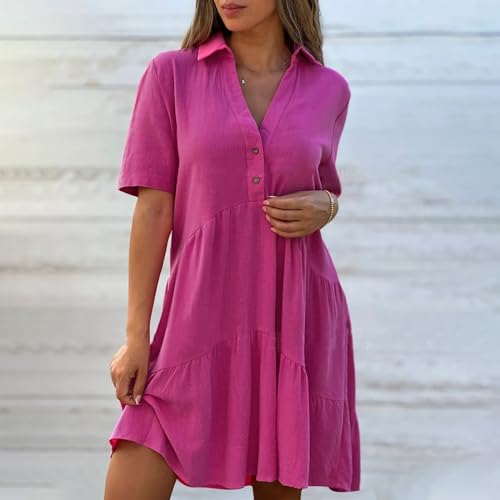 Cotton Linen Dresses for Women 2024 Summer Casual Lapel V Neck Short Sleeve Midi Dress Plus Size Beach Vacation Sundress