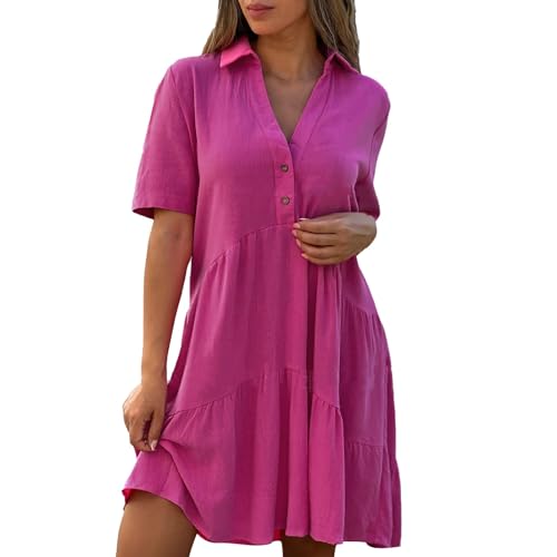 Cotton Linen Dresses for Women 2024 Summer Casual Lapel V Neck Short Sleeve Midi Dress Plus Size Beach Vacation Sundress