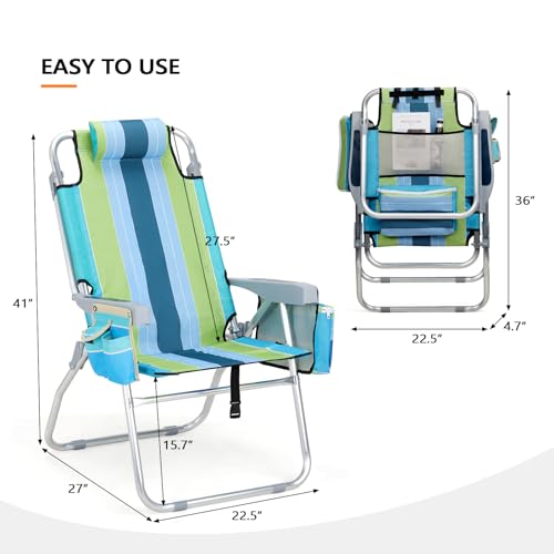 VINGLI Tall Beach Chair 2 Pack, with 5-Position, Cooler Bag, Cup Holders, Towel Bar, Lightweight Folding Beach Camping chairs for Adults（Blue/Green-High