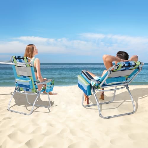 VINGLI Tall Beach Chair 2 Pack, with 5-Position, Cooler Bag, Cup Holders, Towel Bar, Lightweight Folding Beach Camping chairs for Adults（Blue/Green-High