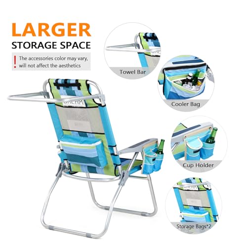 VINGLI Tall Beach Chair 2 Pack, with 5-Position, Cooler Bag, Cup Holders, Towel Bar, Lightweight Folding Beach Camping chairs for Adults（Blue/Green-High