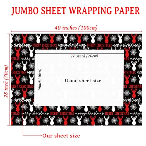 ZINTBIAL Christmas Wrapping Paper for Kids Adults - Xmas Wrapping Paper with Red/Black Plaid, Reindeer, Gnome, “Ho Ho” Words - 28 x 40 Inches, 6 Jumbo Sheets, Easy to Store