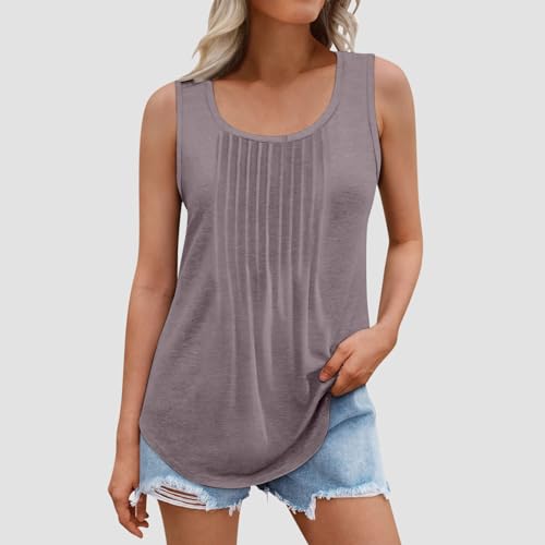 Wirziis Flowy Summer Tops for Women 2024 Hide Belly Tunic Pleated Scoop Neck Beach Blouses Dressy Casual Sleeveless T Shirts