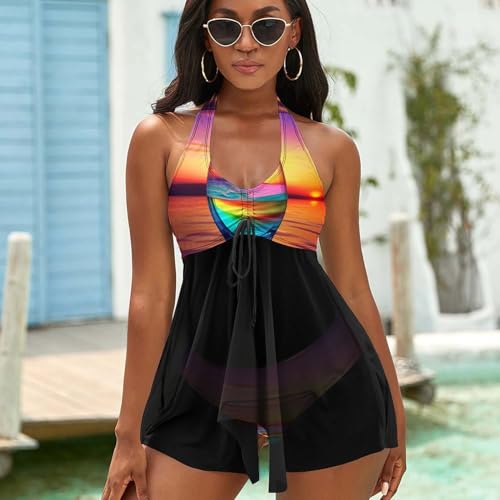 Colorful Glass Drink Sunset Tankini Swimsuits for Women Two Piece Bathing Suits 2024 Summer Beach Swimwear Swim Tank Top