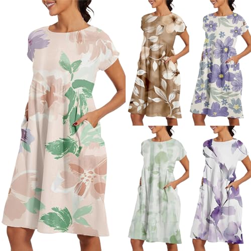 Women's Summer Midi Dresses Casual Cap Sleeve Crewneck A Line Swing Flowy Beach Sundress with Pockets T Shirts dress