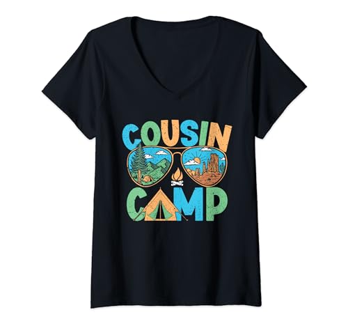 Womens Cousin Camp 2024 Sunglasses Summer Camping Vacation Camper V-Neck T-Shirt