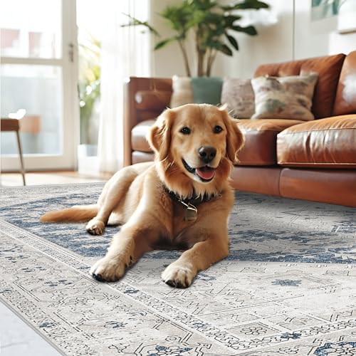 8x10 Area Rugs Washable Rug: Ultra Soft Vintage Large Rugs for Living Room, Non-Slip Foldable Machine Washable Area Rugs, Low Pile Indoor Floor Carpet for Bedroom, Nursery, Farmhouse (8'x10', Blue)