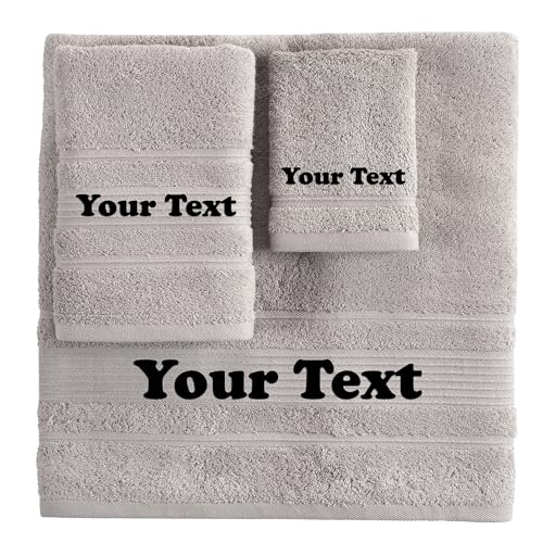 Personalize Your Towels with Custom Embroidery: Names, Monograms, and Initials. Perfect For Kids, Adults, Pool, Travel, Gifts, 3-Piece Towel Set; 1 Bath Towel, 1 Hand Towel, and 1 Wash Cloth - Grey