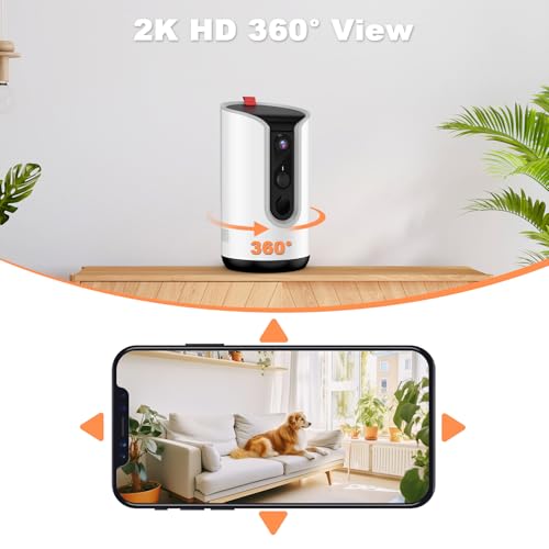 Fexfor 2K Pet Camera Security Dogs Camera, On-Device AI Tracking and Pet Monitoring, 360° View, with Treat Dispenser, Local Storage, 2-Way Audio, Phone App, Motion Alert