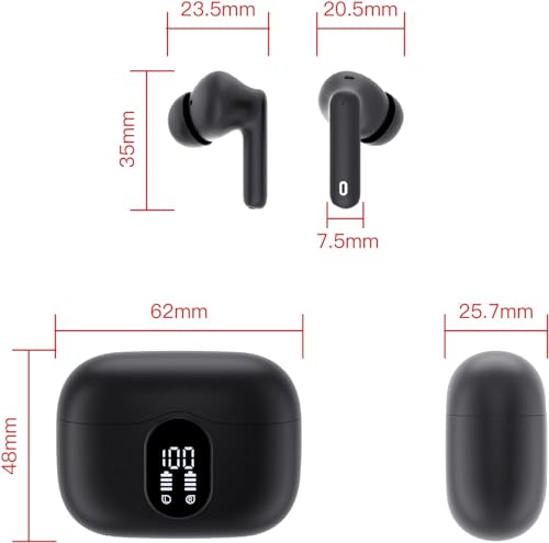 Wireless Earbuds, Bluetooth 5.3 Headphones Bass Stereo, Ear Buds with Noise Cancelling Mic LED Display, IP7 Waterproof in Ear Earphones, 36H Playtime for Laptop Pad Phones Sports Workout, Black