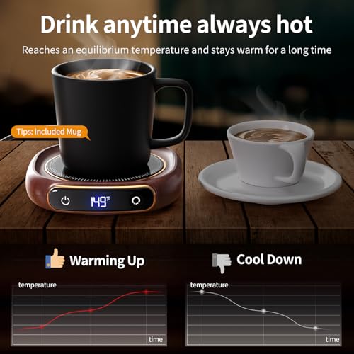 Lerat Coffee Mug Warmer & Mug Set for Desk, Electric Coffee Cup Warmer with Auto Shut Off, 3 Temperature Setting Smart Cup Warmer for Heating Coffee, Milk, Beverage, Candle Jar (Wood), 8oz