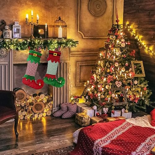 VRFASHION Elf Personalized Christmas Stockings, Custom Embroidered Name Family Xmas Stockings, Large Elf Xmas Stocking with Name, Christmas Tree Family Fireplace Hanging Stocking Decorations 1 Pcs