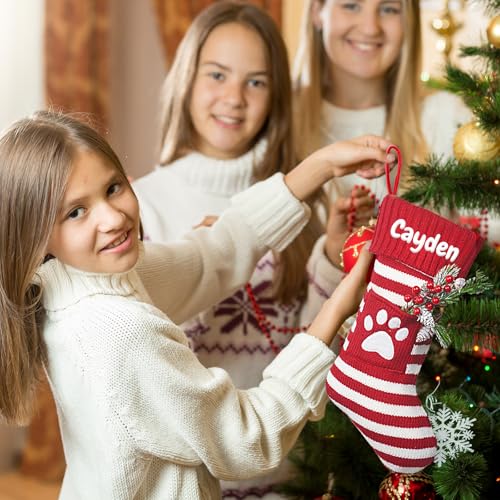 MyeMbe Personalized Knitted Christmas Stocking with Name, Christmas Trees Snowflake Paw Custom Needlepoint Stockings Set, Embroidery Customized Keepsake Christmas Holiday Decorations for Family