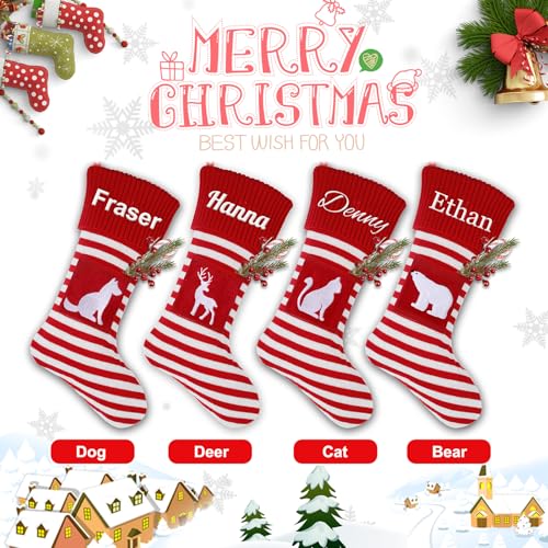 MyeMbe Personalized Knitted Christmas Stocking with Name, Christmas Trees Snowflake Paw Custom Needlepoint Stockings Set, Embroidery Customized Keepsake Christmas Holiday Decorations for Family