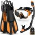 Odoland Snorkel Set, Adults Snorkeling Packages with Dry Top Diving Mask, Adjustable Swim Fins, Mesh Bag, Anti-Fog Anti-Leak Snorkeling Gear for Men Women