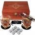 Whiskey Glass Gift Set - 2 Whiskey Glasses and Whiskey Stones with Tongs in Velvet Bag All Presented in an Elegant Wooden Box for Men (Classic-Wood-White-Rocks)