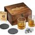 Mixology & Craft Whiskey Stones Gift Set for Men | Pack of 2, 10 oz Whiskey Glasses w/ 8 Granite Chilling Rocks, 2 Slate Coasters, Cocktail Cards in a Rustic Wooden Crate | Whiskey Essentials