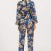 Escalier Women's Silk Satin Pajamas Set 3 Pcs Floral Silky Pj Sets Sleepwear Cami Nightwear with Robe and Pants Navy XL