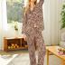 Ekouaer Silk Satin Pajamas Women's Long Sleeve Sleepwear Soft Button Down Pj Set 2 Piece Loungewear Brown Leopard,S