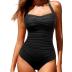 Aqua Eve Women Tummy Control Bathing Suits Halter One Piece Swinsuits Ruched Mesh Vintage Swimwear