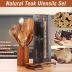 Mooues 9 Piece Natural Teak Wooden Kitchen Utensil Set with Spoon Rest - Comfort Grip Cooking Spoons and Utensils Holder