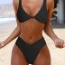 Bikini Set for Women Solid V Neck Knot Front Push Up High Leg Thong Two Piece Swimsuit