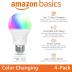 Amazon Basics Smart A19 LED Light Bulb, Multicolor Changing, 9W (60W Equivalent), 800LM, Works with Alexa Only, 2.4 GHz Wi-Fi, No Hub Required, 4-Pack