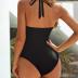 RXRXCOCO Women Sexy V Neck Mesh One Piece Bathing Suit Halter Push Up Tummy Control Swimsuit Swimwear