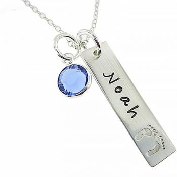 My Tiny Prints Personalized Sterling Silver Name Necklace. Customize with Child's Name, Engraved with Solid Baby Feet. Add Your Choice of Birthstone and Sterling Silver Chain. Gifts for Her, New Mom