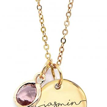 Custom Birthstone Name Necklace Personalized for Women Girls Birthday Gold Plated Gemstone Pendant Jewelry for Mom Engraved Necklace Handmade Customized June Anniversary Grandma -CN-BS-SH