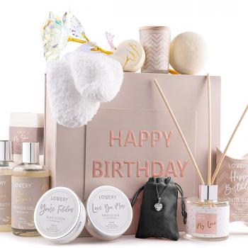 Birthday Gifts for Women, Birthday Spa Gift Basket for Women, Luxury Birthday Spa Gift Box with Vit E, Rich Bath Essentials, Diffuser, Candle, Sterling Silver CZ Heart Necklace, 24k Flower Rose & More