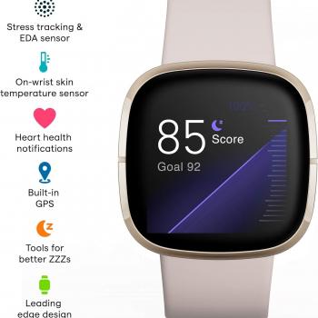 Fitbit Sense Advanced Smartwatch with Tools for Heart Health, Stress Management & Skin Temperature Trends, White/Gold, One Size (S & L Bands Included)