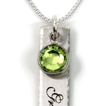 AJ's Collection Single Edge-Hammered Personalized Charm Necklace. Customize Sterling Silver Rectangular Pendant with Name and Birthstone. Includes a 925, Sterling Silver Chain. Makes Gifts for Her